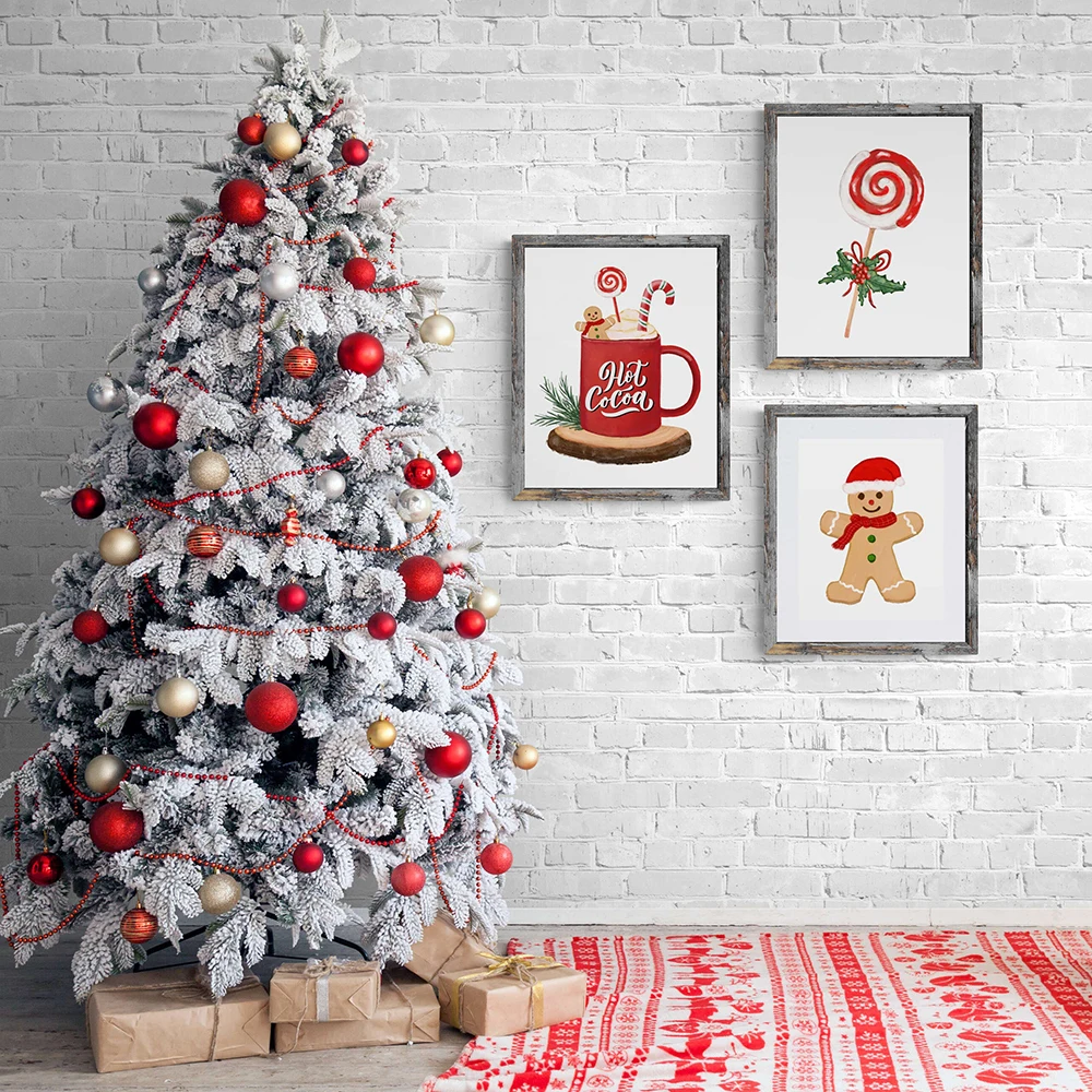 Winter Christmas Living Room New Year Home Decor Holiday Wall Art Pictures Cozy Wreath Peppermint Candy Deer Snow Globe Poster