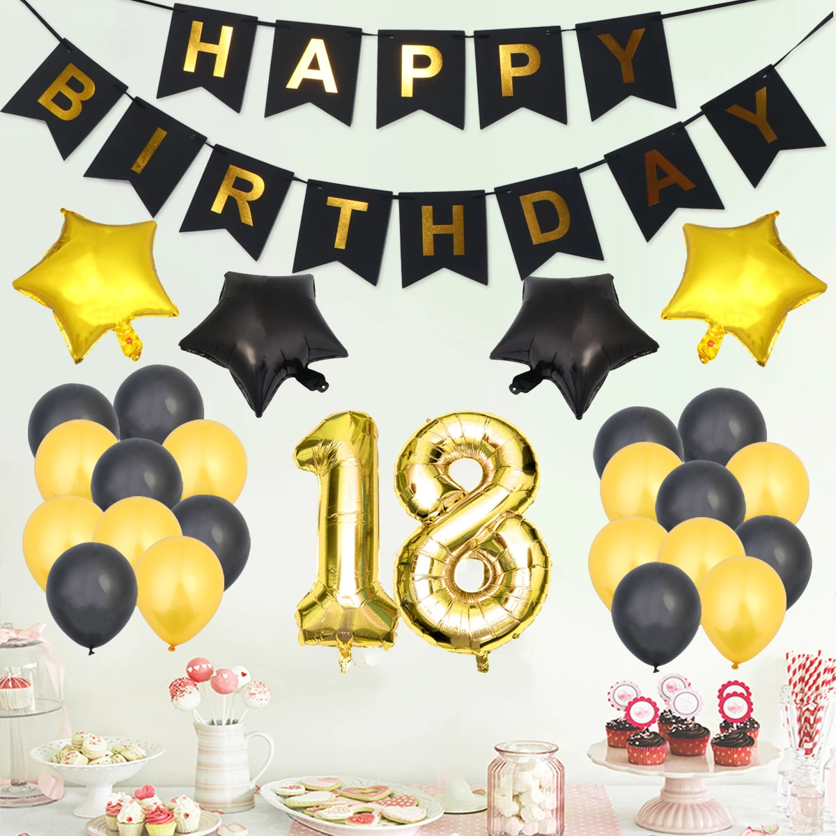 

Birthday Balloons Sets 40 Inches Aluminum Foil Pentagram Happy Birthday Banner Decor For Party Gathering Black Gold Large
