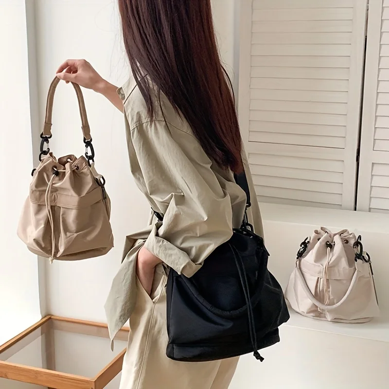 

Stylish Drawstring Bucket Crossbody Bag, Roomy Nylon Shoulder Purse with Adjustable Strap, for Everyday Casual Handbag