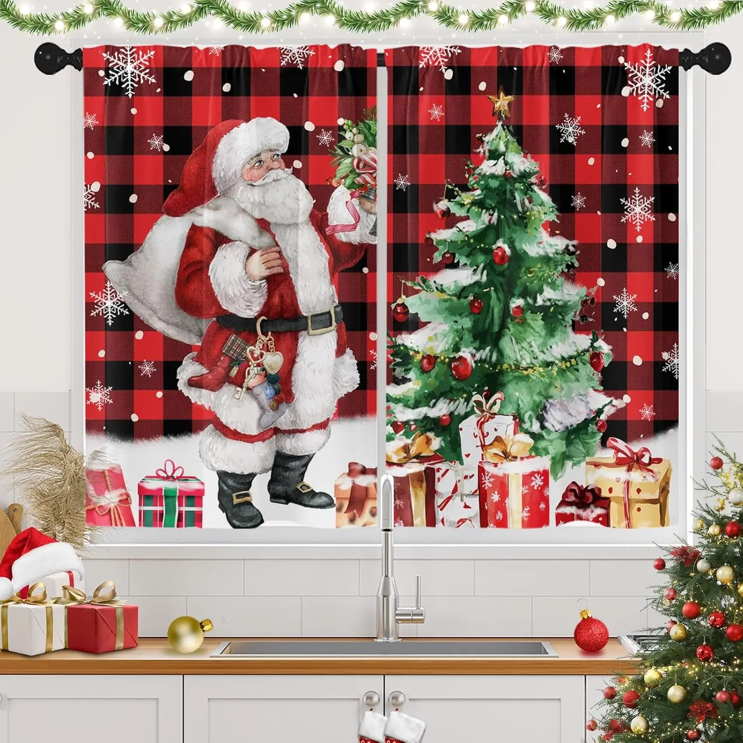 Santa Claus Xmas Tree Buffalo Plaid Short Window Drapes Set of 2, Holiday Window Treatment Tier Curtains for Kitchen Over Sink