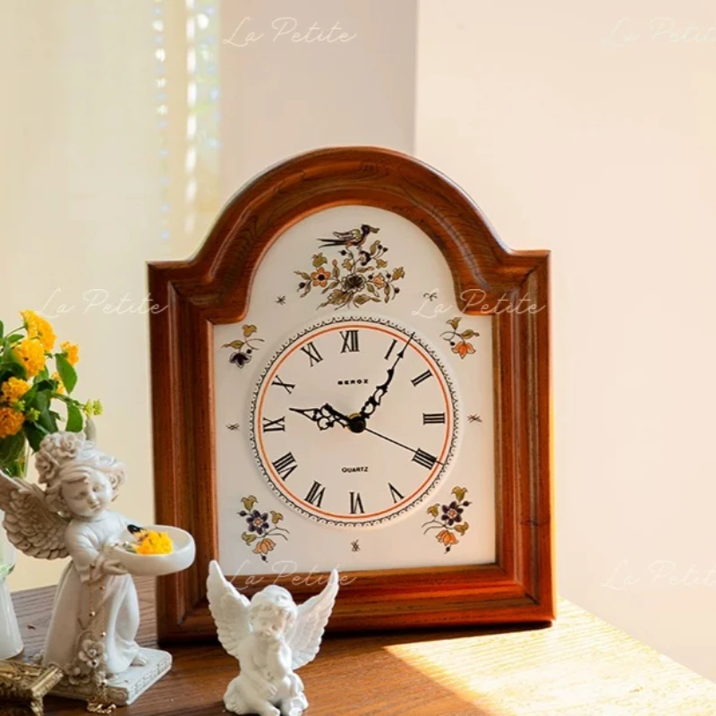 Vintage Clock Solid Wood Desk Clock Silent Quartz Roman Numeral Wall Clock Decorative Table Watch Living Room Decor Ornament