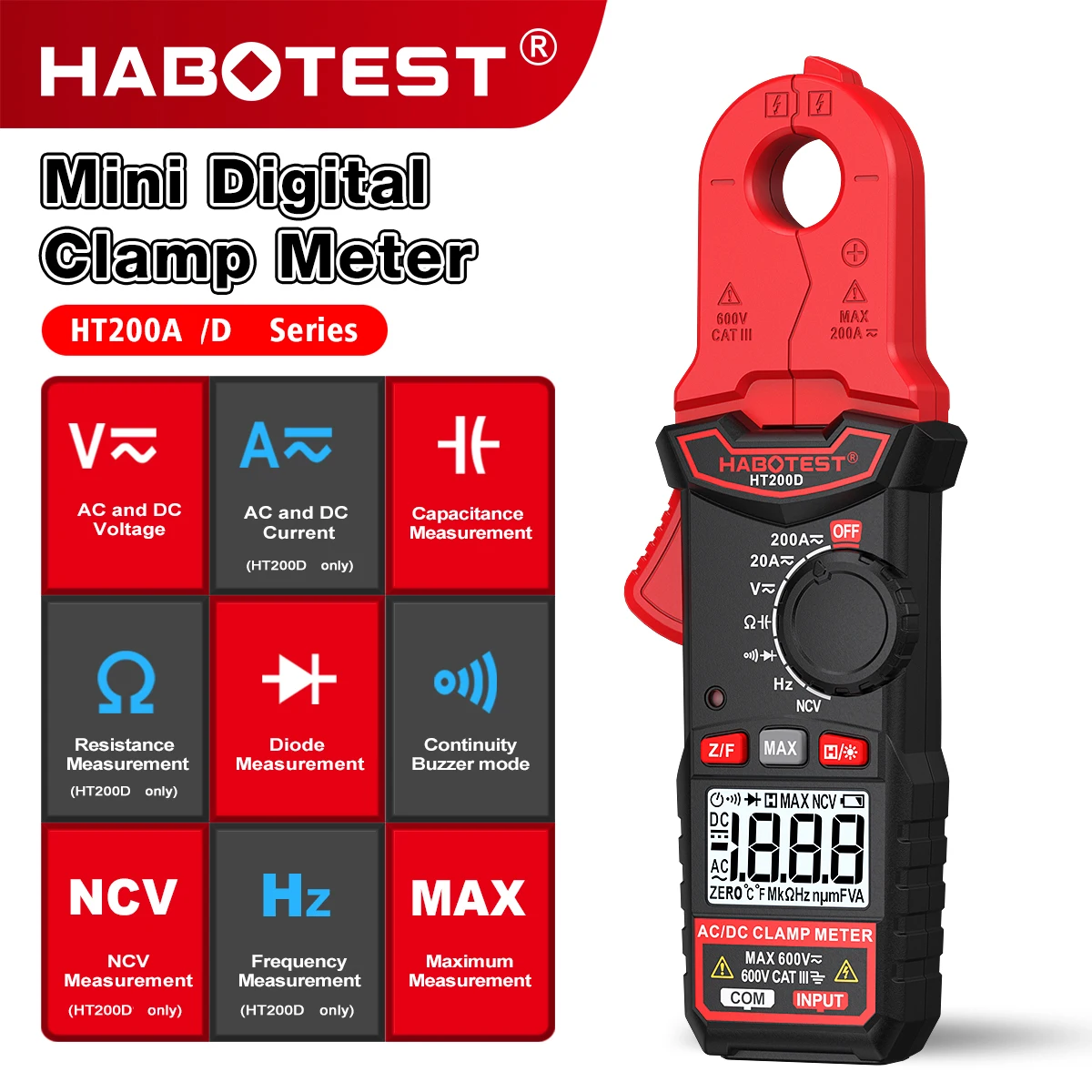 HABOTEST HT200D Digital Clamp Multimeter True RMS NCV 2000 Counts 200A 600V AC DC Multimeter Tester Head Dual-Color Backlight