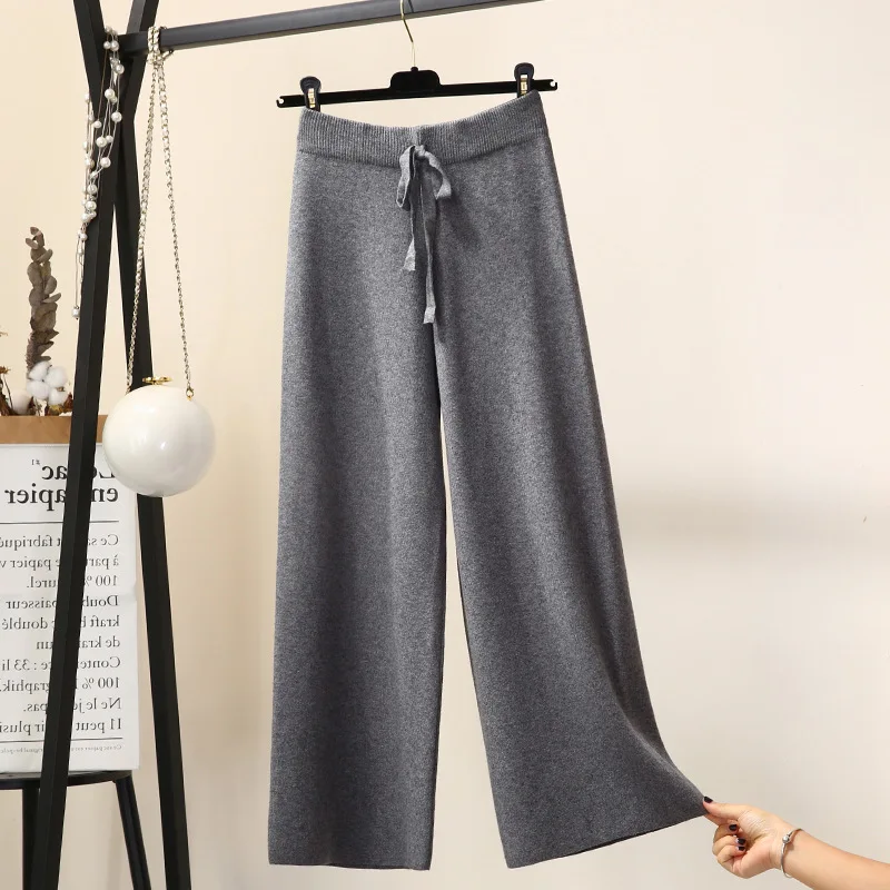 Pantalon tricoté à jambes larges pour femme, élégant, ample, décontracté, tendance, couleur unie, Simple, basique, nouvelle mode automne hiver