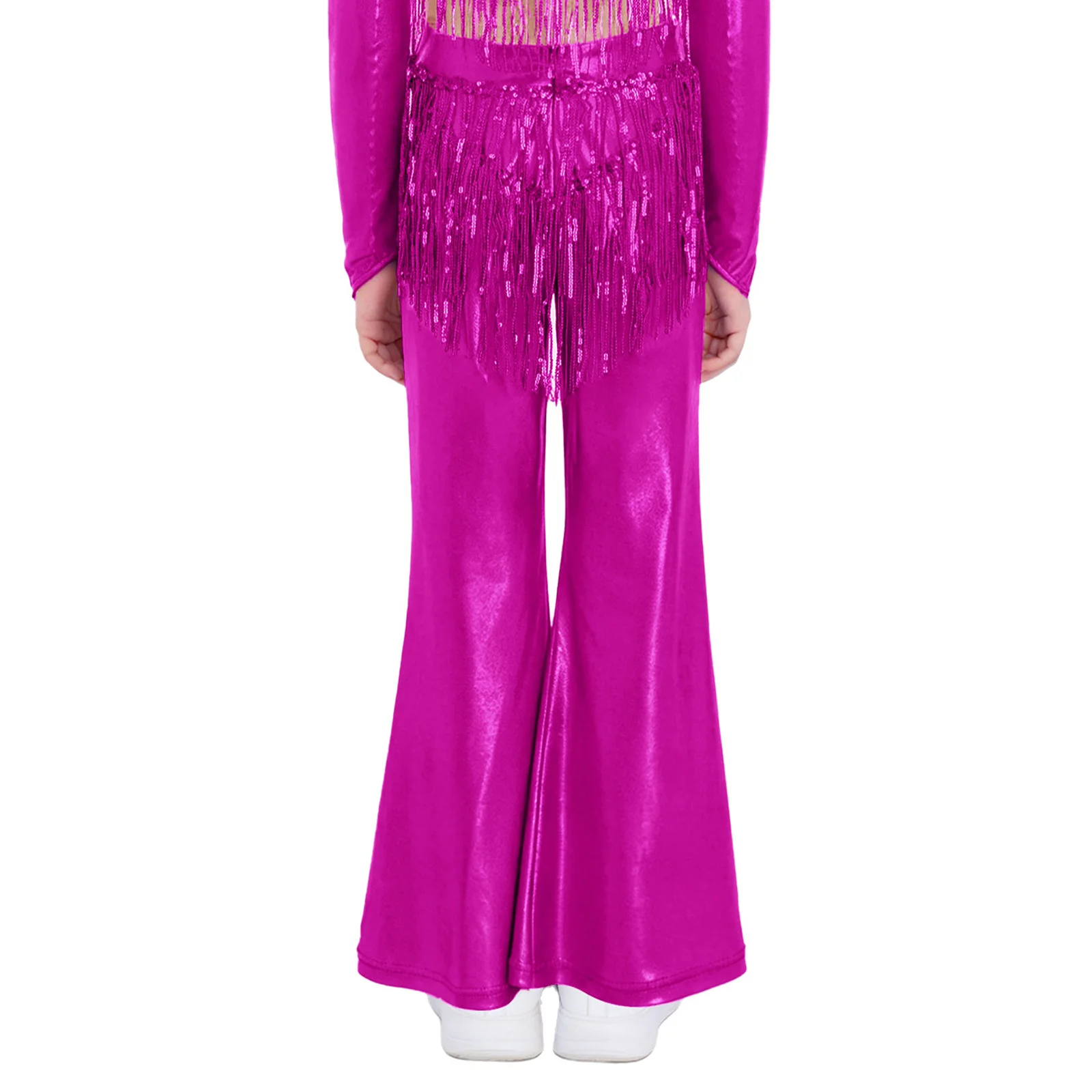 Kids Girls Metallic 70s Disco Tango Samba Jazz Pants Dancewear Performance Sparkly Sequin Tassels Flared Bell-Bottom Trousers