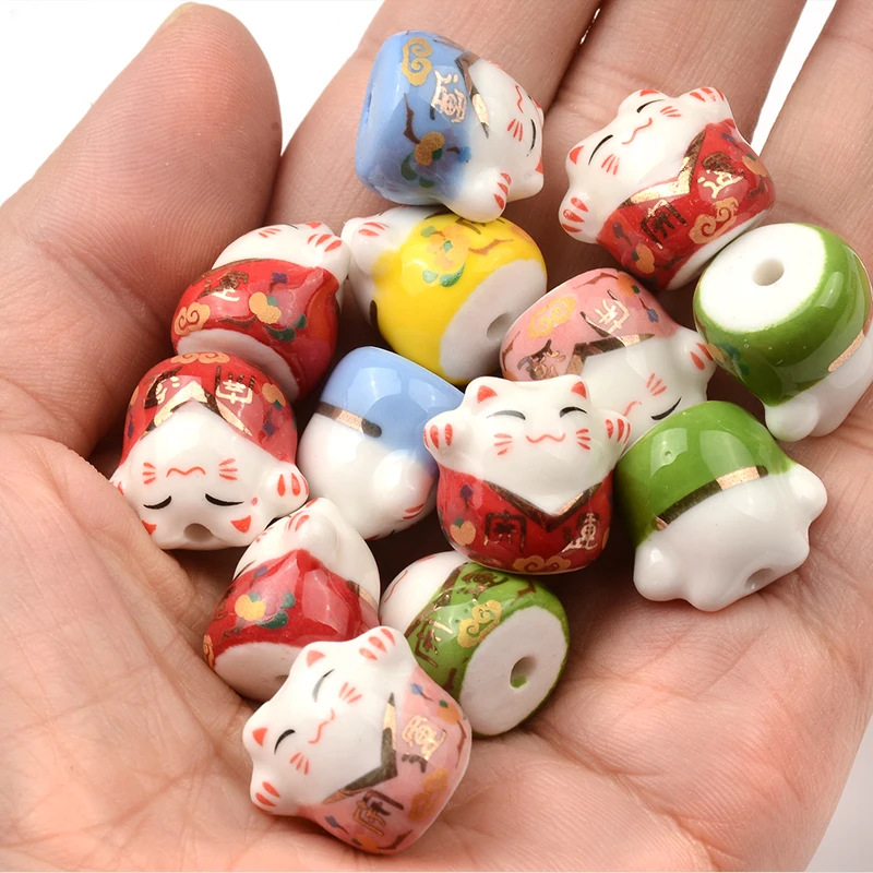 17mm Big V-neck Cat Shaped Lucky Cat Animal Ceramic Beads Loose Porcelain Handmade DIY Beads For Bracelet Jewelry Making