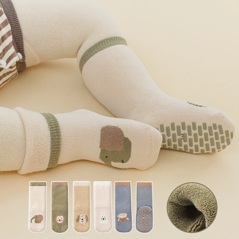 Winter Thicken Cotton Warm Thermal Stocking Children Cute Cartoon Letter Anti-slip Floor Long Tube Socks for Baby Boys Girls