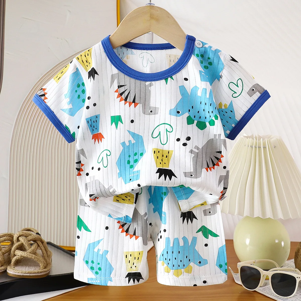 1Set 100% Cotton Kid Clother Set Children Cute Cartoon Print Short Sleeve T-Shirt Shorts Boy Girl Top Toddler Baby Pajama Suit