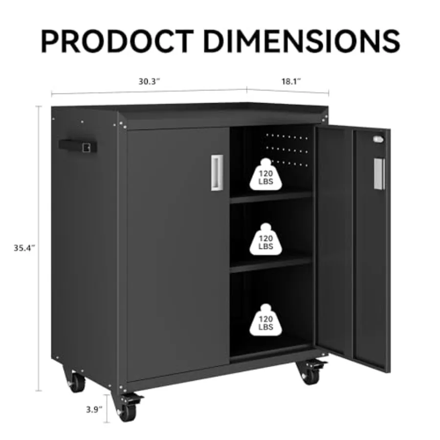 Heavy-Duty Rolling Storage Cabinet, 2-Door Metal Garage Cabinet with 2 Adjustable Shelves, Lockable Wheels and Locking Doors, 3