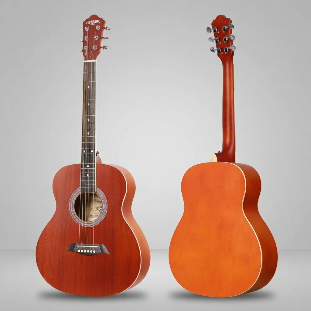 Vintage Orange Red Round Body Folk Acoustic Guitar Matte Finish White Binding 6 Strings for Beginners, Great for Practice