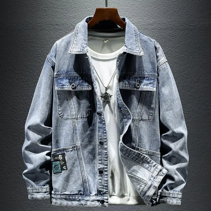 

Fashion Light Blue Denim Coats Men Spring and Autumn New Loose Casual Spliced Jackets Tops Retro Buttons Lapels Men's Clothing