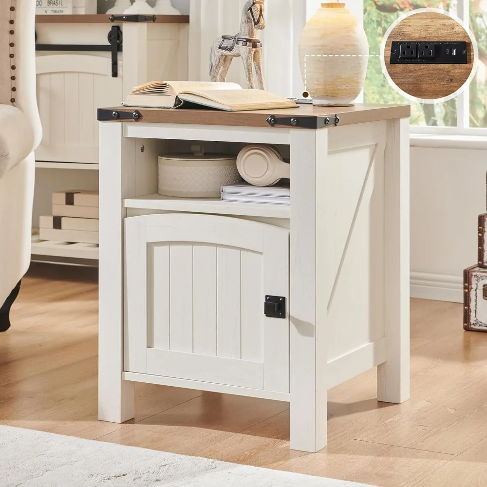 

Farmhouse End Table with Charging Station, 18" Rustic Nightstand with Adjustable Storage Shelf, Wood Rustic Wood Sofa Side Table