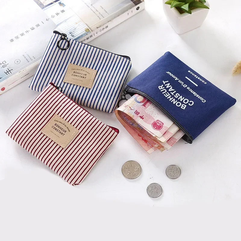 Women Coin Purse for Girls Small Stripe Canvas Zipper Coin Pouch Girl Kawaii Small Bags Cute Coin Earphone Key Holder Bag Wallet