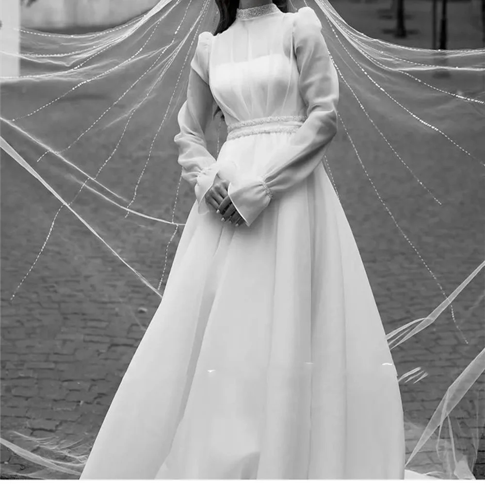 Robe de Mariée Trapèze en Organza à Manches sulfpour Femme Arabe, Magnifique, sur Mesure, Modeste, Dubaï