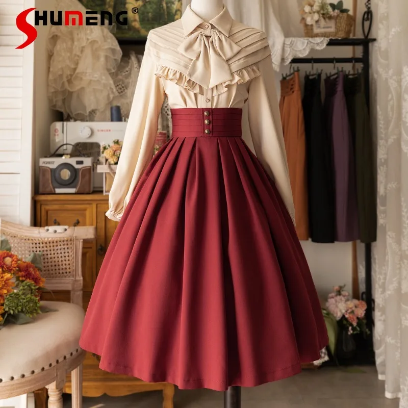 

Box-Pleat Skirts Japanese Lolita New Style Original Elegant Complex Classical Spring Autumn All-Match And Calf Long Skirt Female