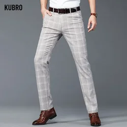 KUBRO New Imitation Linen Trend Plaid Pants Men's Straight Casual Personality Man Pattern Trousers Lightweight Smart Multicolor