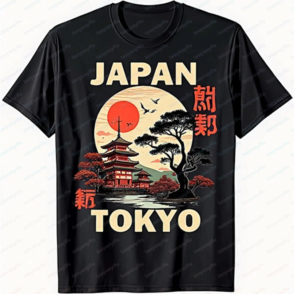 Japan Tokyo Vintage Cotton T-Shirt Japanese Temple Cherry Blossom Sunset Graphic Tee Casual Streetwear Short Sleeve Unisex Tops