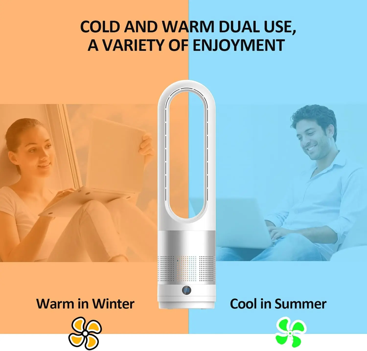 Безлопастной башенный вентилятор, комбинированный вентилятор с обогревателем пространства и пультом дистанционного управления 80 ° Осциллирование 8-скоростной 9-часовой светодиодный дисплей таймера