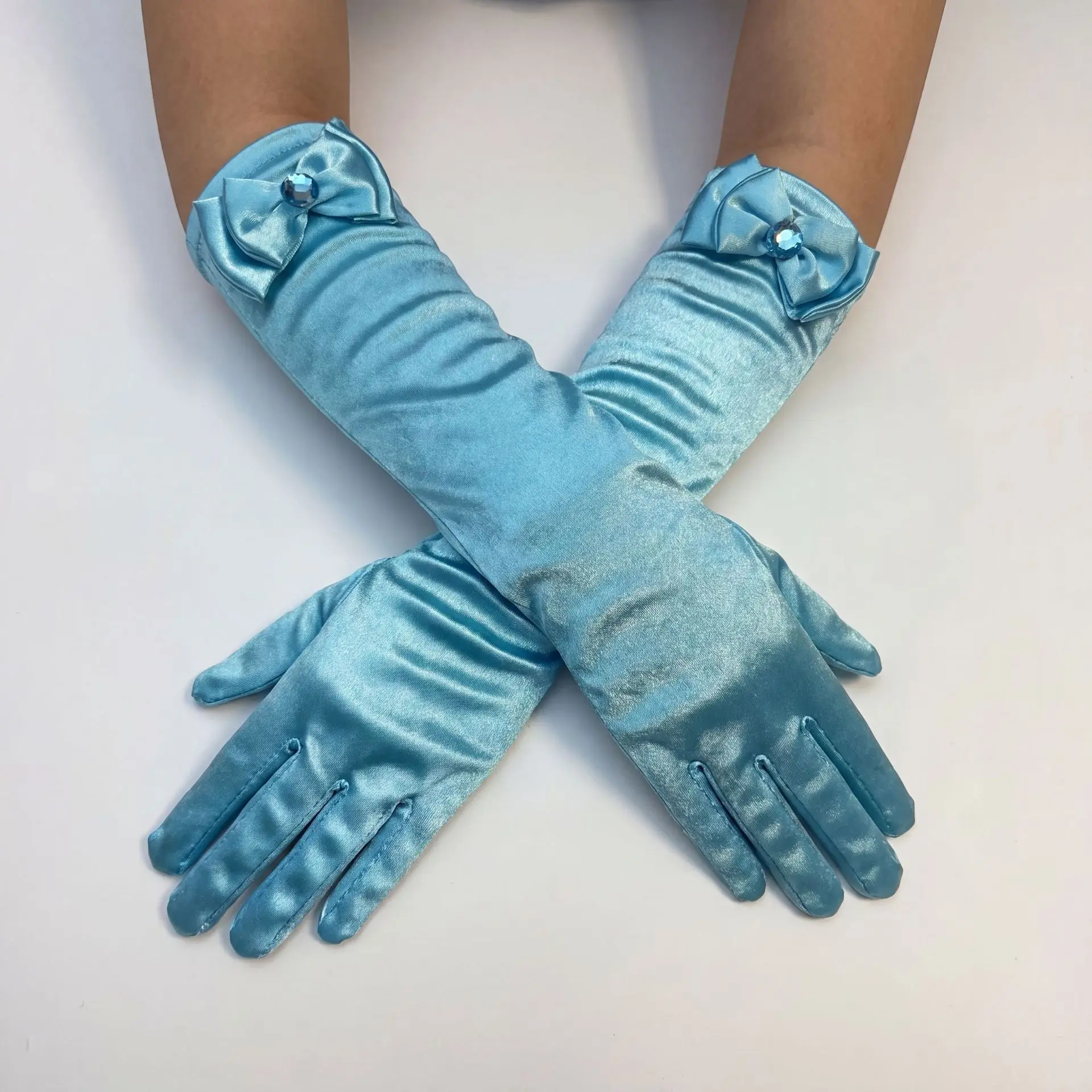Kids Satin Long Ceremony Gloves Girls Bow Rhinestone Decor Gloves Princess Dress Accessory For Birthday Party Stage Performance