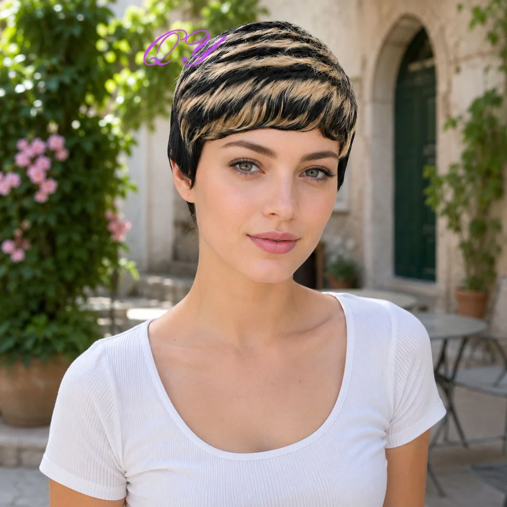 Black Gold Highlight Pixie Synthetic Short Wig For Women Daily Work Summer Pool Music Festival Party Cosplay Daily Wear Wig