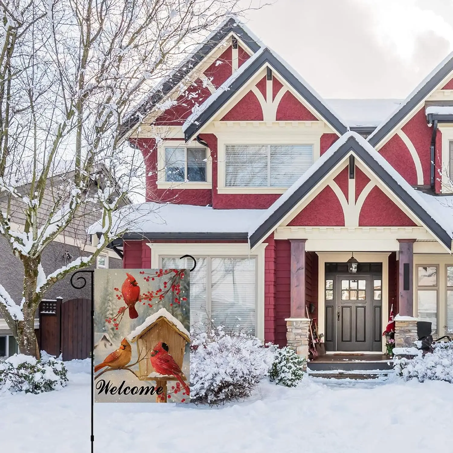 Artofy Welcome Winter Cardinal Red Birds Home Decorative Garden Yard Flag, Birdhouse Berries Tree Branches Outside Decor, Ch SSL