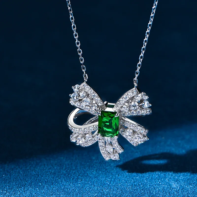 Hot selling 925 sterling silver emerald bow necklace earrings light luxury inlaid crystal diamond for woman jewelry