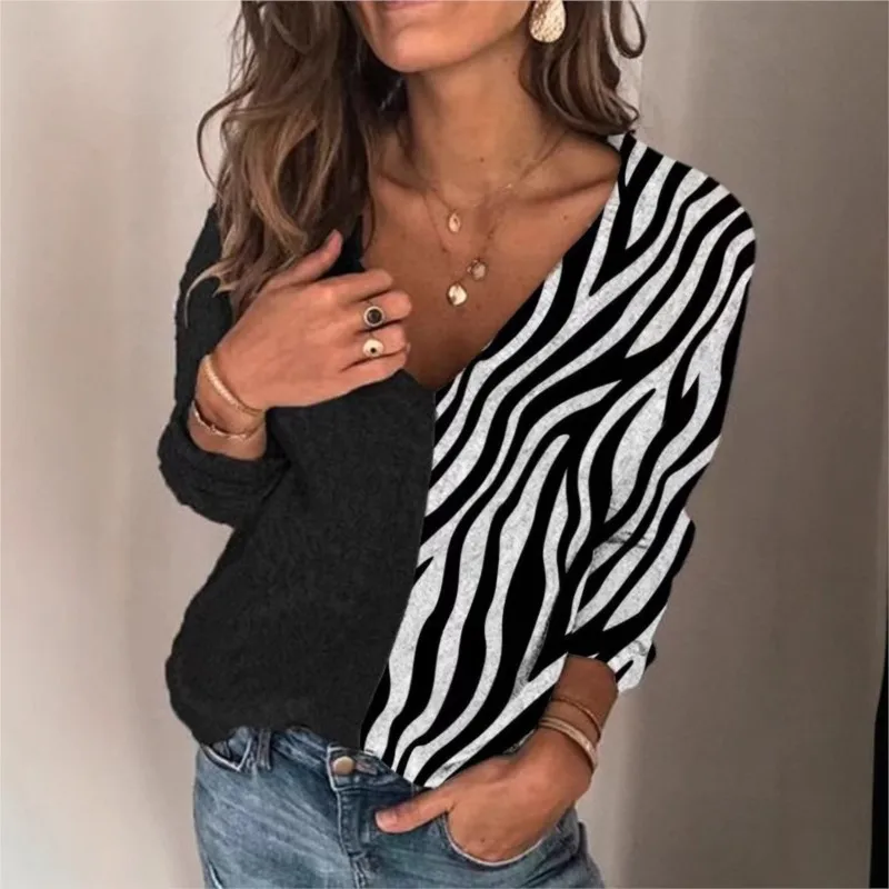 Elegant Blouses Fall Winter Women\'s Casual Loose Fashion Long-sleeve Leopard Print Pullover V-neck Knitted Spliced Women Shirts