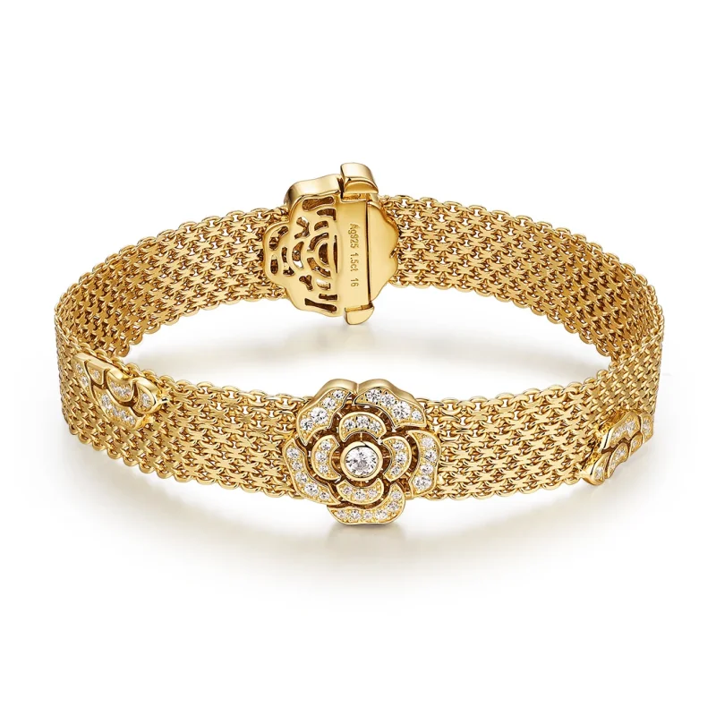 

BELLUX 925 Silver Synthetic Zircon Bracelet Gold and Silver Colors Camellia Vintage Weaving Design Fine Jewelry