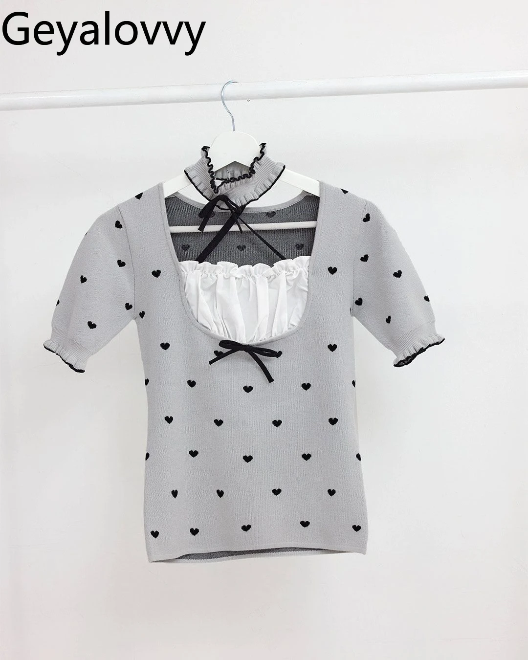 T-shirt per ragazza in stile giapponese Love Polka Dot Top lavorato a maglia con fiocco Top a maniche corte per donna 2025 Nuove magliette casual dolci e versatili