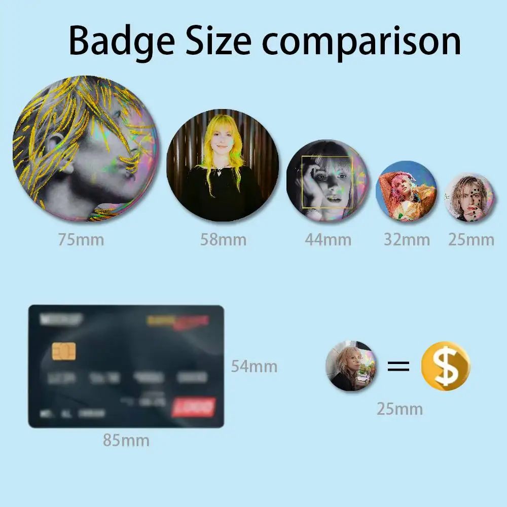 Singer H-Hayley W-Williams Enamel Pin Tinplate Round Brooch Cosplay Nijigen Otaku Culture Badges 58mm 44mm 32mm 75mm 25mm