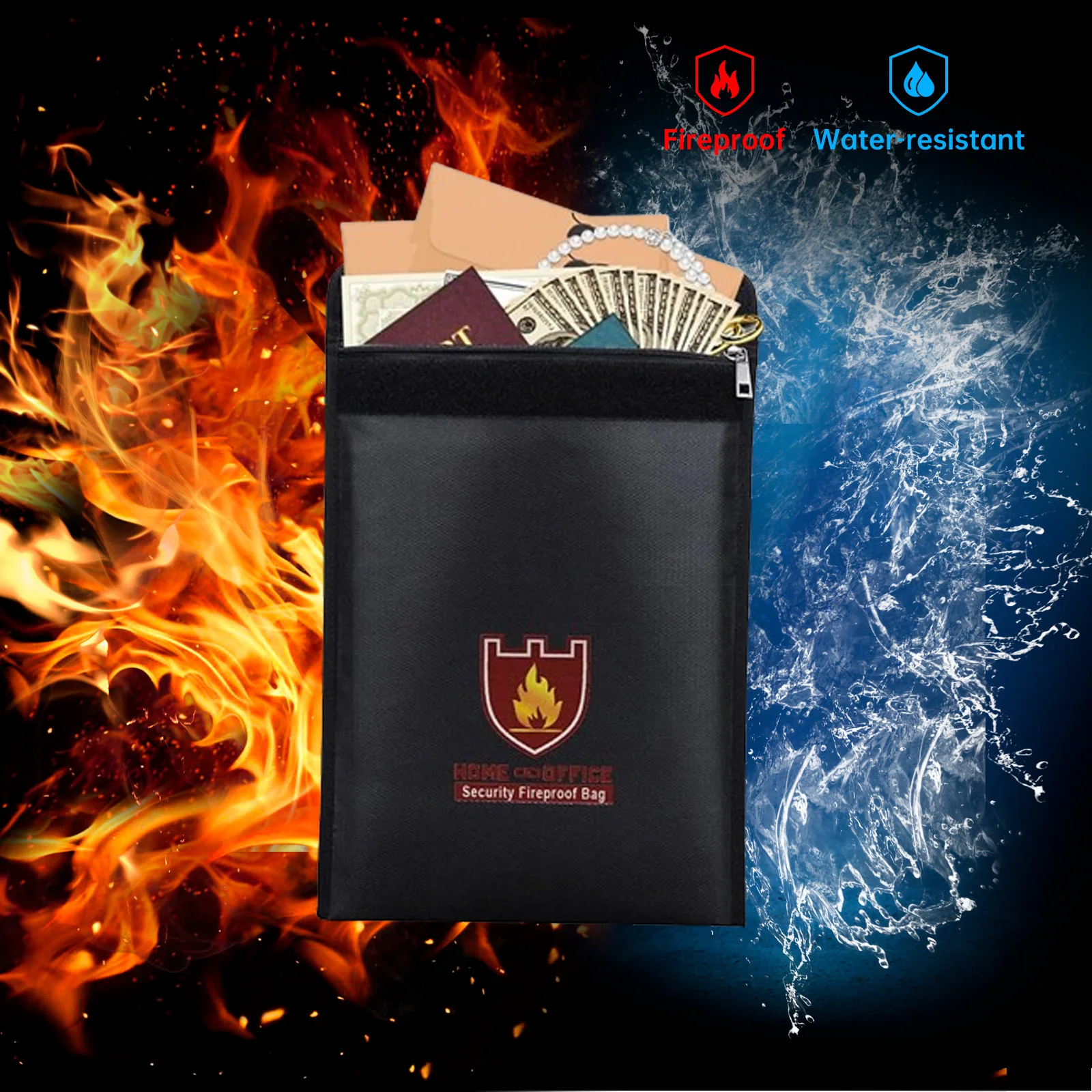 Fireproof and Waterproof Document Bag, Fire Resistant Safe Storage Pouch for A4 File Cash Passport Jewelry Valuables Protection