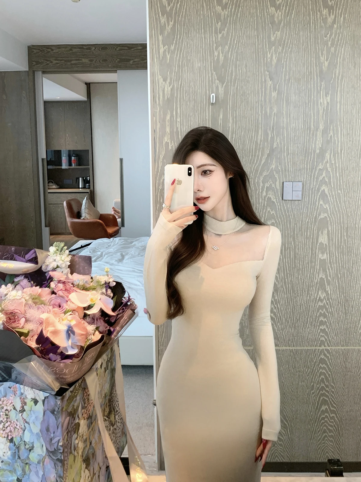 

Sexy Knitted Me Bal Waist-Cinching Neline Dr Women's Faion Spring 2025 High Waist H-Sle Long Sve Dr