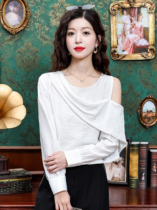 

Elegant Commuter White Shoulder Bared Long Sleeve Casual Shirt Versatile Ladylike Top Women's Fashion Loose Fit Polyester Fiber