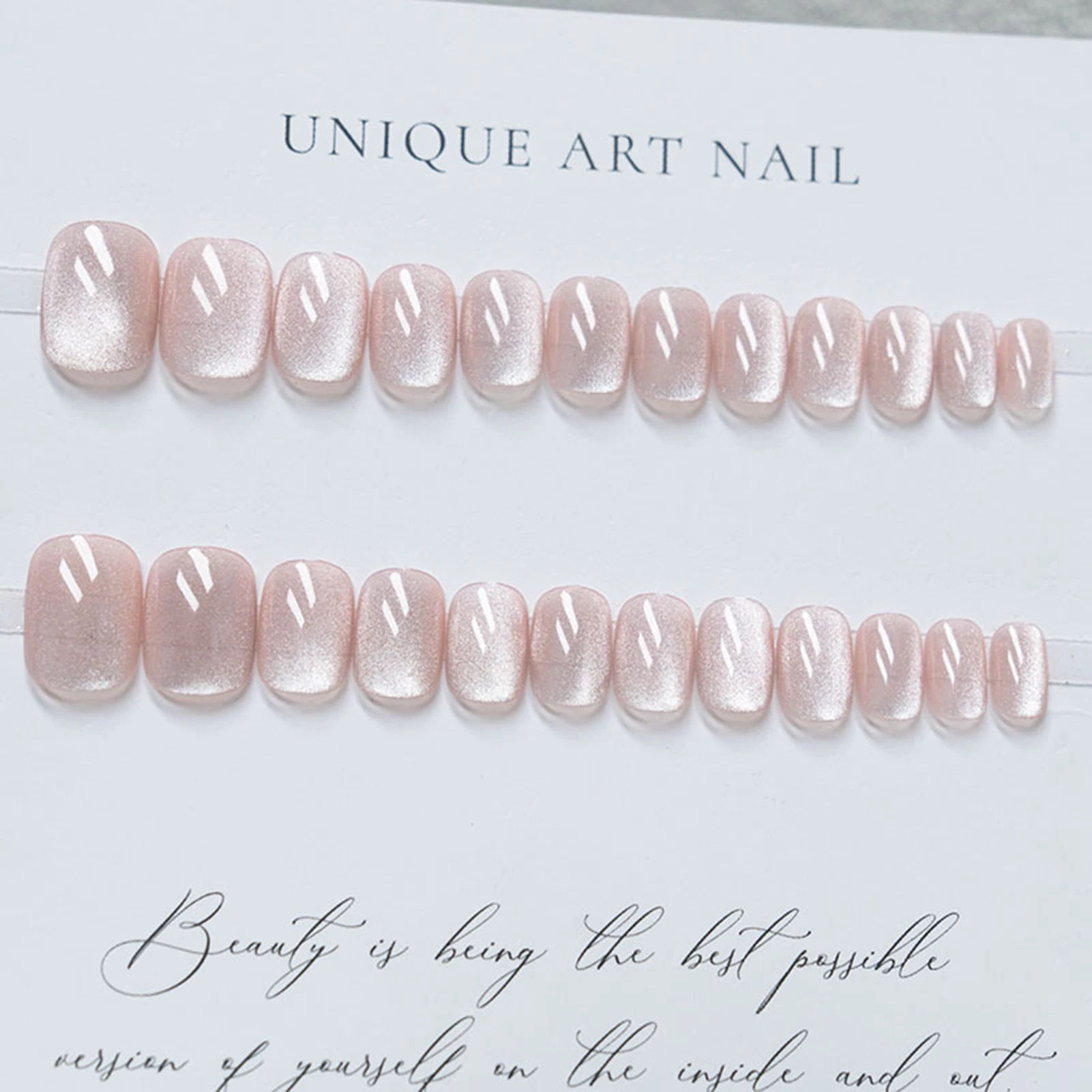 24 stuks zacht roze cat's eye kunstnagels druk op nagels lang ballet glitternagels draagbaar doodskist flash kunstnagels met ontwerpen