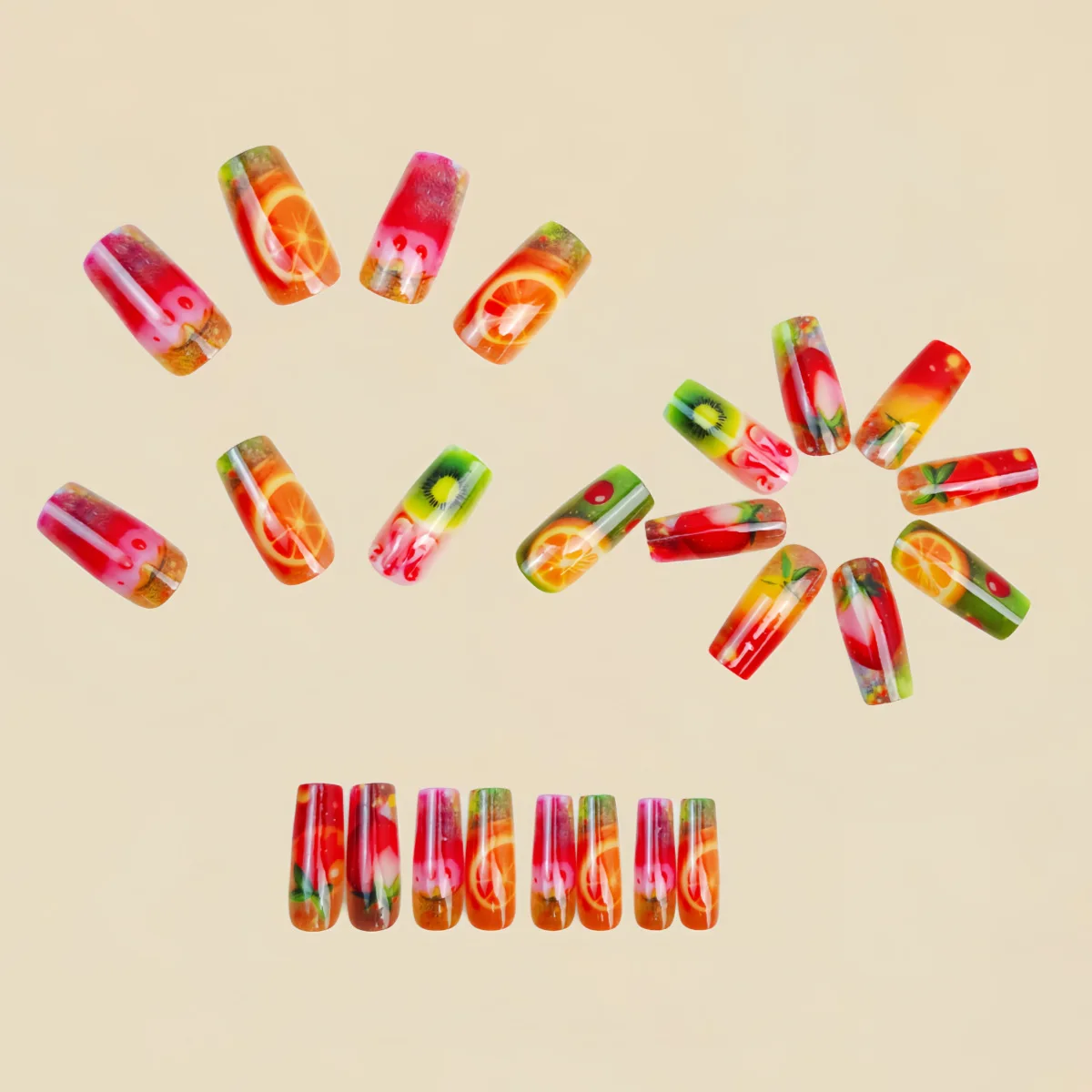 Mittellange künstliche Nägel für Frauen und Mädchen, Farbverlauf, Rotweinglas, bunte Früchte, vollständige Abdeckung, Ballett-Nagelspitzen, zum Aufdrücken falscher Nägel