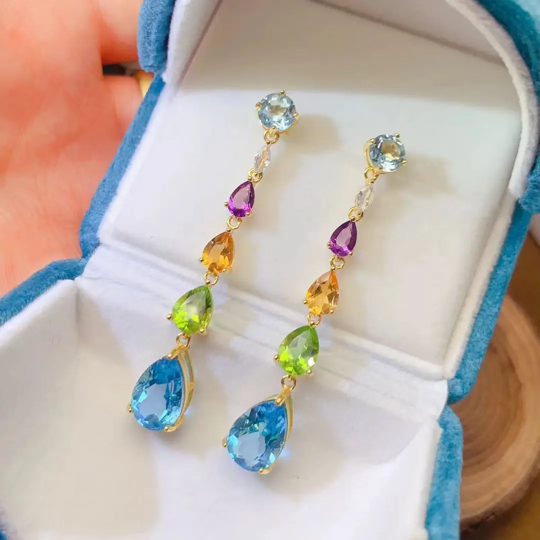 925 silver designer pear earrings natural topaz amethyst citrine peridot  jewelry with 18K gold plating
