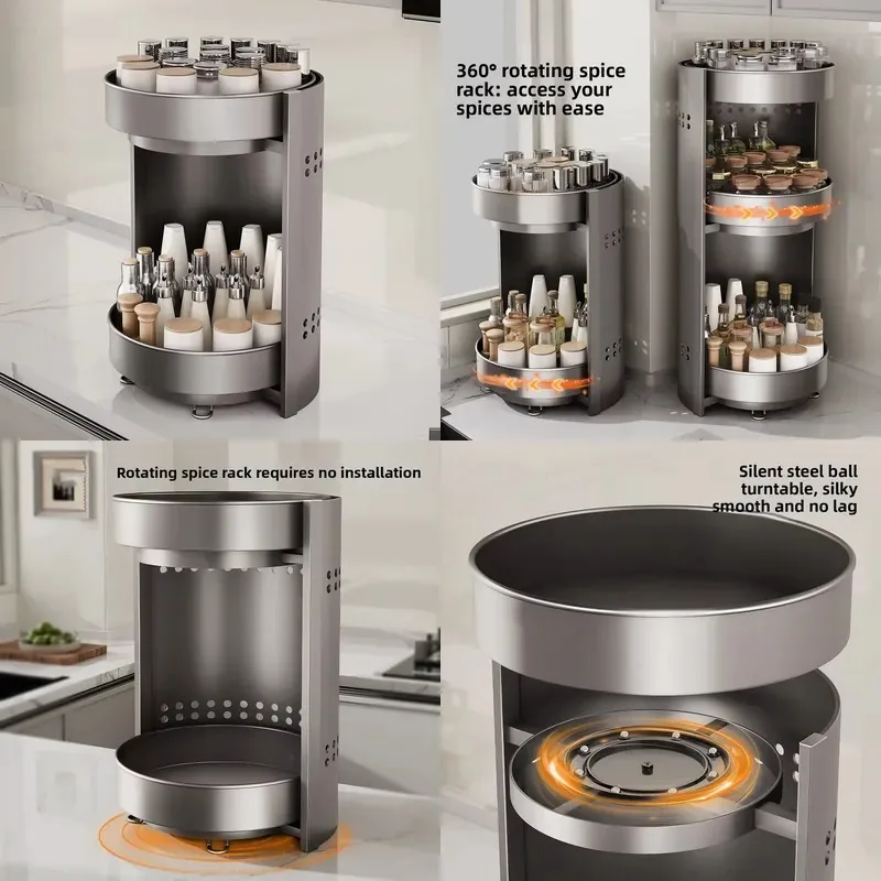 Rotary Metal Vertical Double Layer Kitchen Seasoning Rack Countertop Corner Storage Organizer