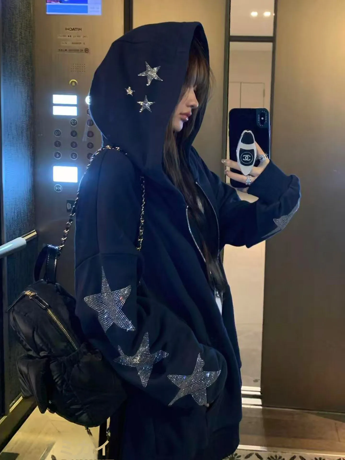 American Style Star Rhinestone Hooded Open Cardigan Sweatshirt Women Loose Casual Lazy Style Zipper Trendy Outerwear Top