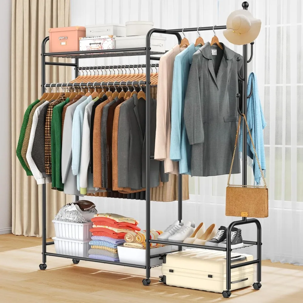 

3-In-1 Clothes Racks, Heavy Duty Clothing Rack,Portable Garment Racks with Lockable Wheels, Multi-Functional Closet Rack