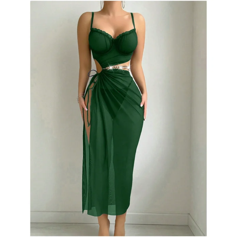 

New European American style women's side-slit mesh home wear set