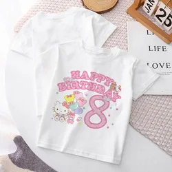 Camiseta de Hello Kitty para niños, playera con número de cumpleaños 1-14, Kawaii Sanrio Y2k, dibujos animados, ropa de calle informal para niños y niñas