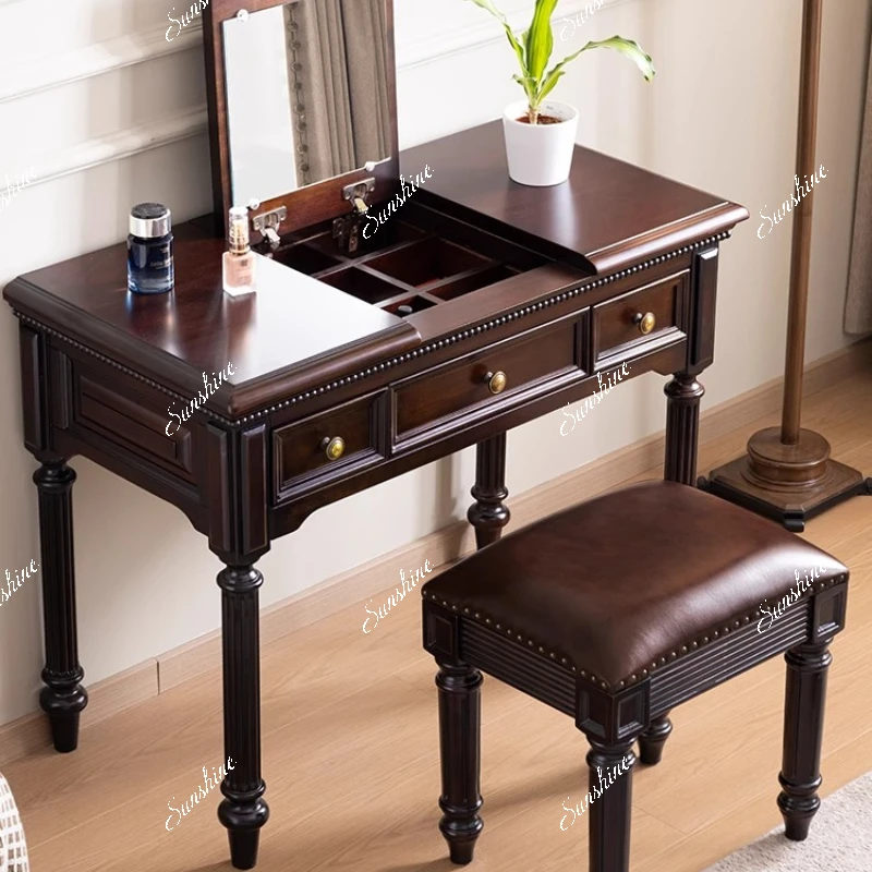 American solid wood dresser, bedroom light luxury retro small apartment storage, integrated mirror