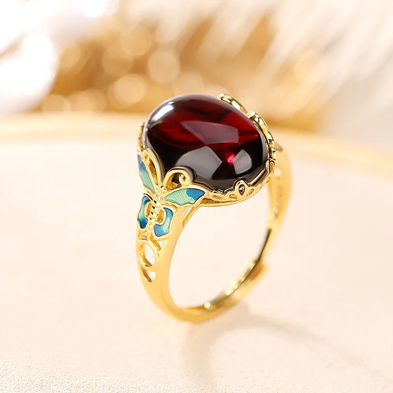 Classic Charm Red Gem ellipse rings for women translucent Antique Gold Craftsm Cloisonne Butterfly Ring Retro Banquet Jewelry