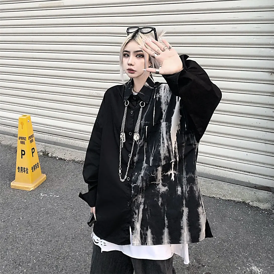 Tie Dye Long Sleeve Button Up Blouse with Chain for Women Ladies Goth Gothic Shirt Clothes Cardigan Alt Emo Clothing