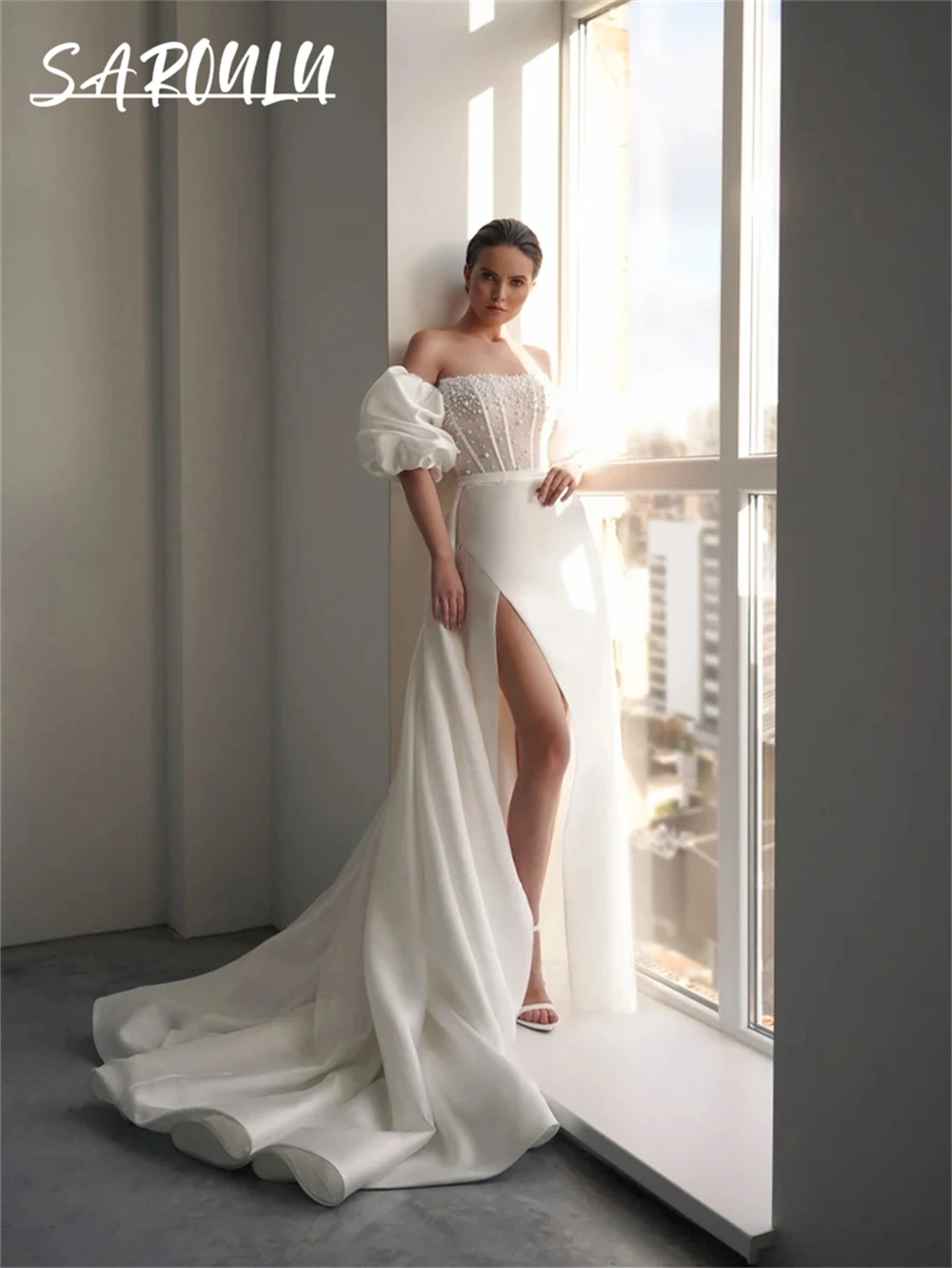 Gorgeous Satin Wedding Dress, Pearl Beaded Bridal Gown, Removable Puffy Sleeves, Leg Slit Modern Wedding Gown, Elopement Dress