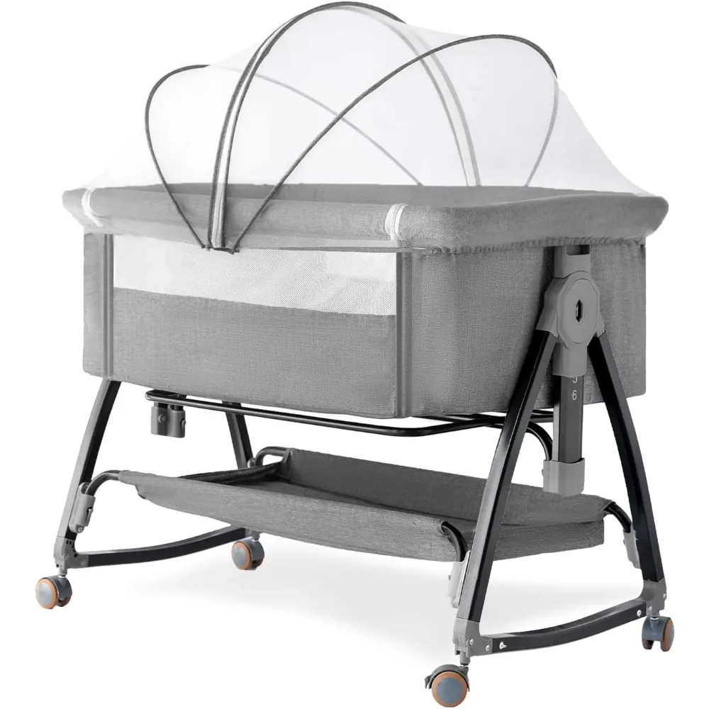 Bedside Crib 3 in 1 Bassinet with Quick Height Adjustment and Mosquito Nets Rocking Bassinet