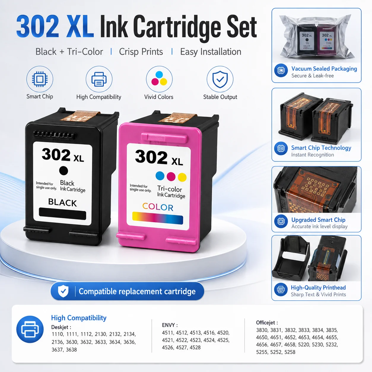 302XL Ink Cartridge Replacement for HP 302 XL Black + Tri-Color Smart Chip for DeskJet ENVY OfficeJet Printers