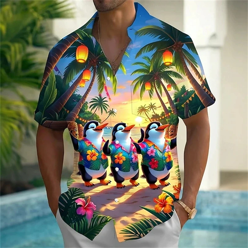 Men's Shirts Summer 3D Printed Lapel Button Shirt, Gradient Coconut Tree Sea View Healing Beach Landscape Print Hawaiian Shirts