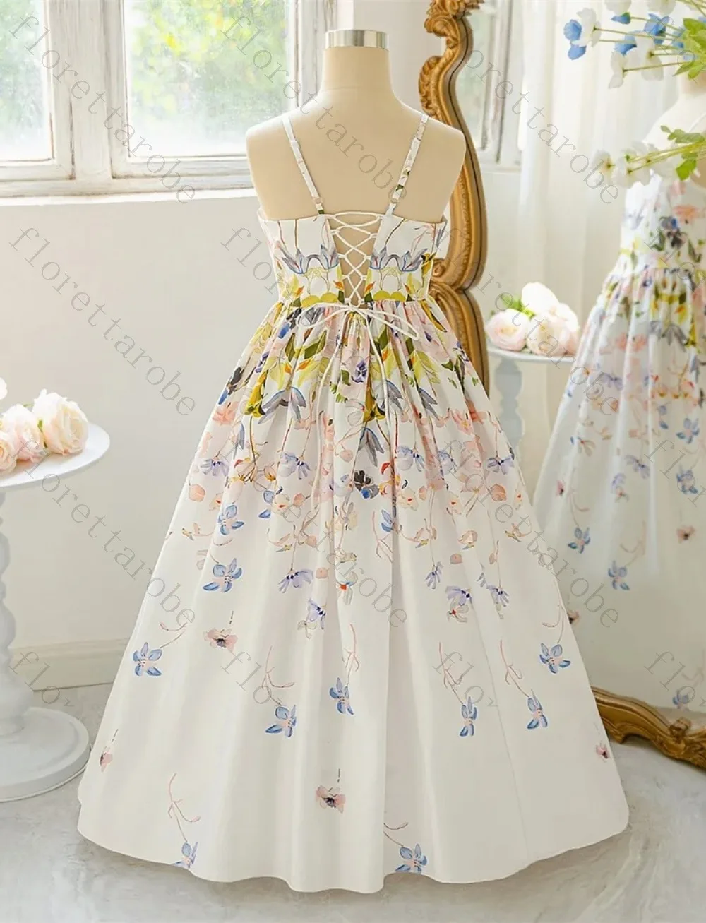 Customized White Floral Print Kids Maxi Dress Spaghetti Strap Square Neck A Line Floor Length Gown for Wedding Birthday or Party