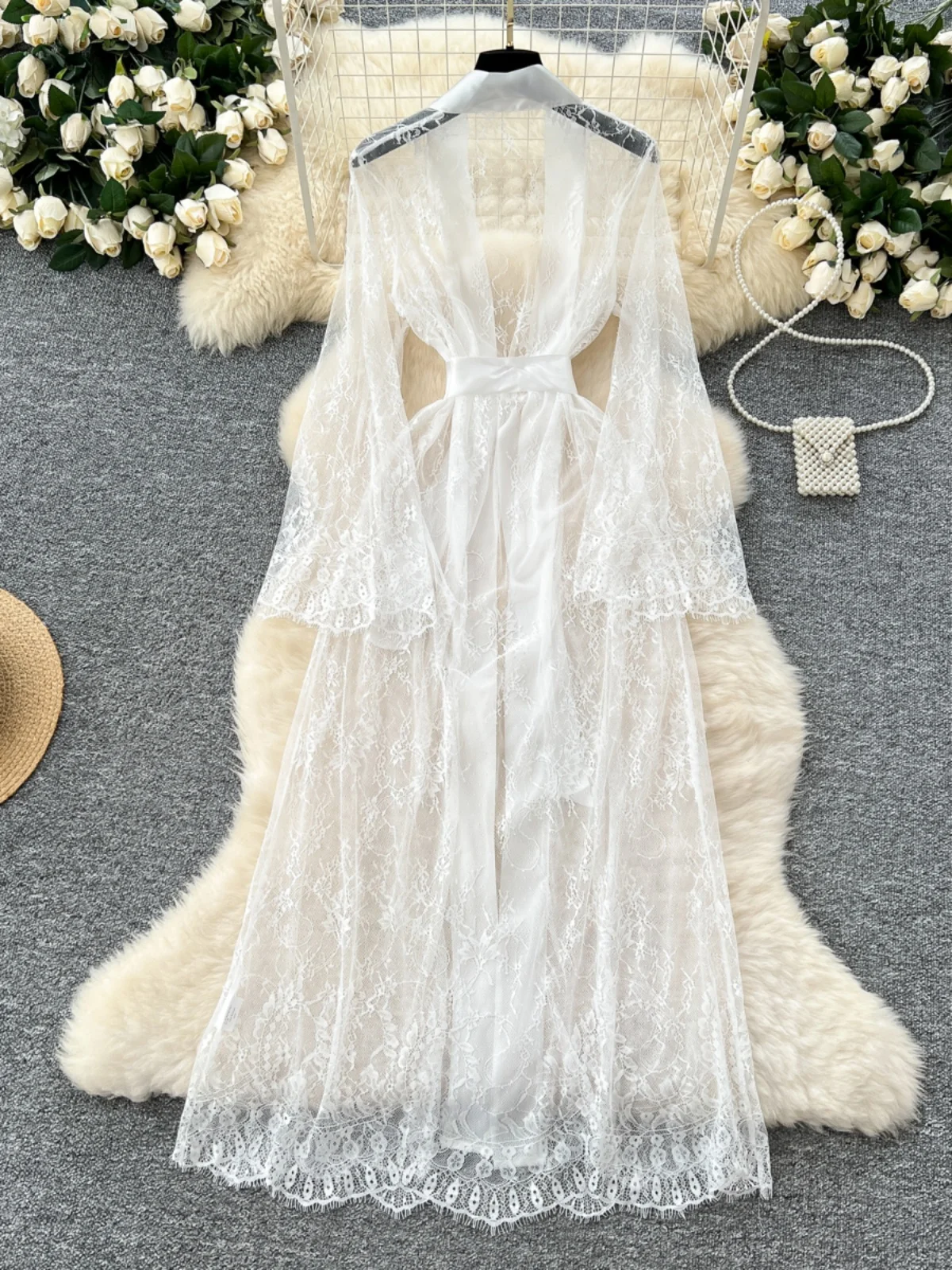 2026년 신상 가을 여성 섹시 우아한 플레어 슬리브 레이스 가디건 솔리드 컬러 리본 레이스업 루즈 캐주얼 롱 얇은 탑