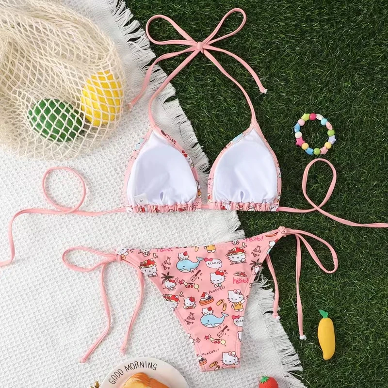 Nowy 2-częściowy zestaw bikini Sanrio Hello Kitty Kawaii Y2K Summer 2024 Nowy damski strój kąpielowy plażowy z paskami Seksowne stroje kąpielowe dla